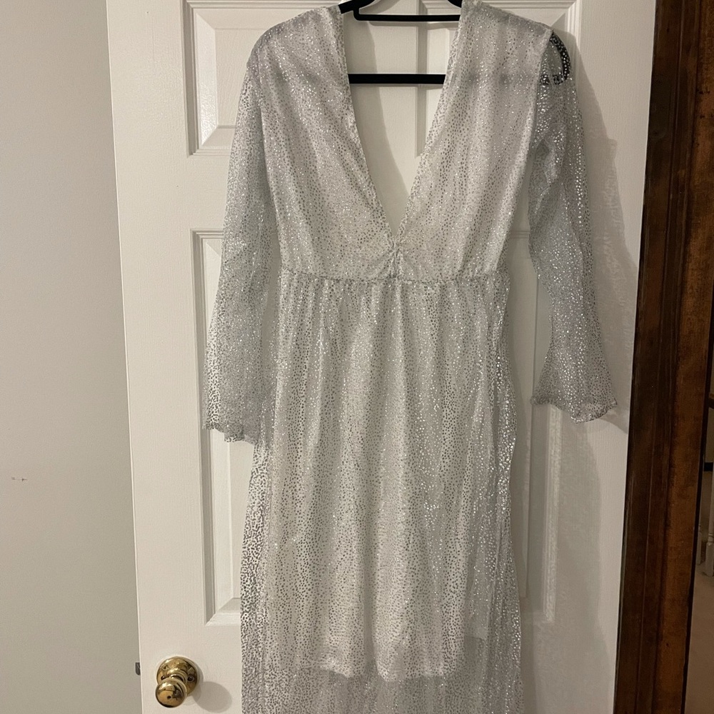 White Silver Shiny Long Dress with Sheer Sleeves and white underlining S - Picture 4 of 11